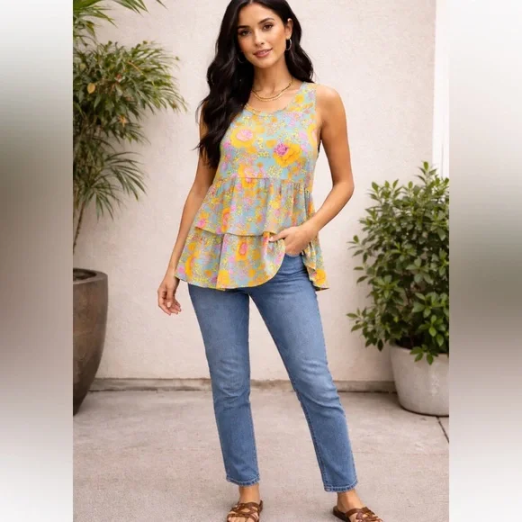 Agnes & Dora Multicolor Retro Style Floral Tiered Blouse NWOT - Picture 2 of 3